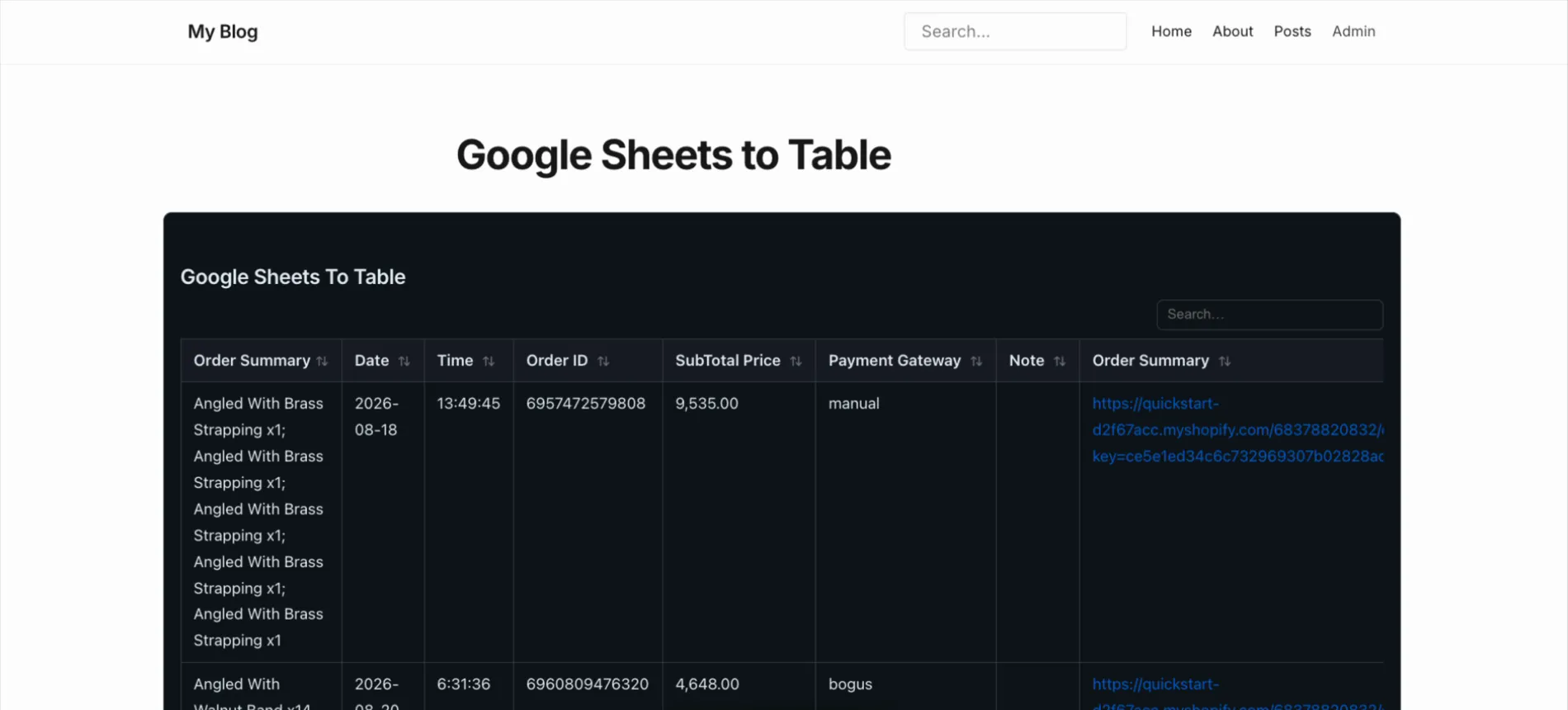 An EmDash site showing a Google Sheet as a wide, dark, searchable table with sortable column headers.