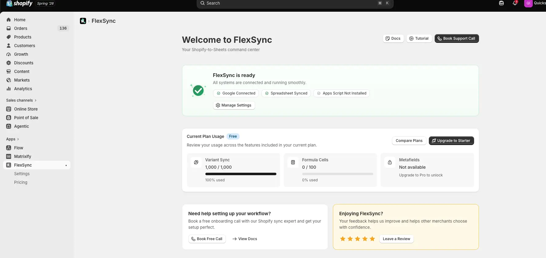 The FlexSync app inside the Shopify admin: a product catalog mapped column-by-column to a Google Sheet, with sync status per row.