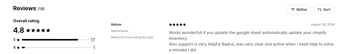 FlexSync: Google Sheets Sync on the Shopify App Store — 4.8-star overall rating across 19 reviews, with a 5-star review from Getzze (Netherlands) reading 'Works wonderfull if you update the google sheet automatically update your shopify inventory. Also support is very helpful Badrul, was very clear and active when i need help to solve a mistake i did'