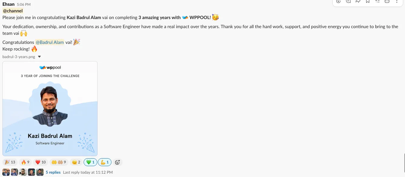 WPPOOL team Slack post celebrating Kazi Badrul Alam completing 3 years as a Software Engineer, with an anniversary card reading "3 year of joining the challenge" and 40+ reactions from the team