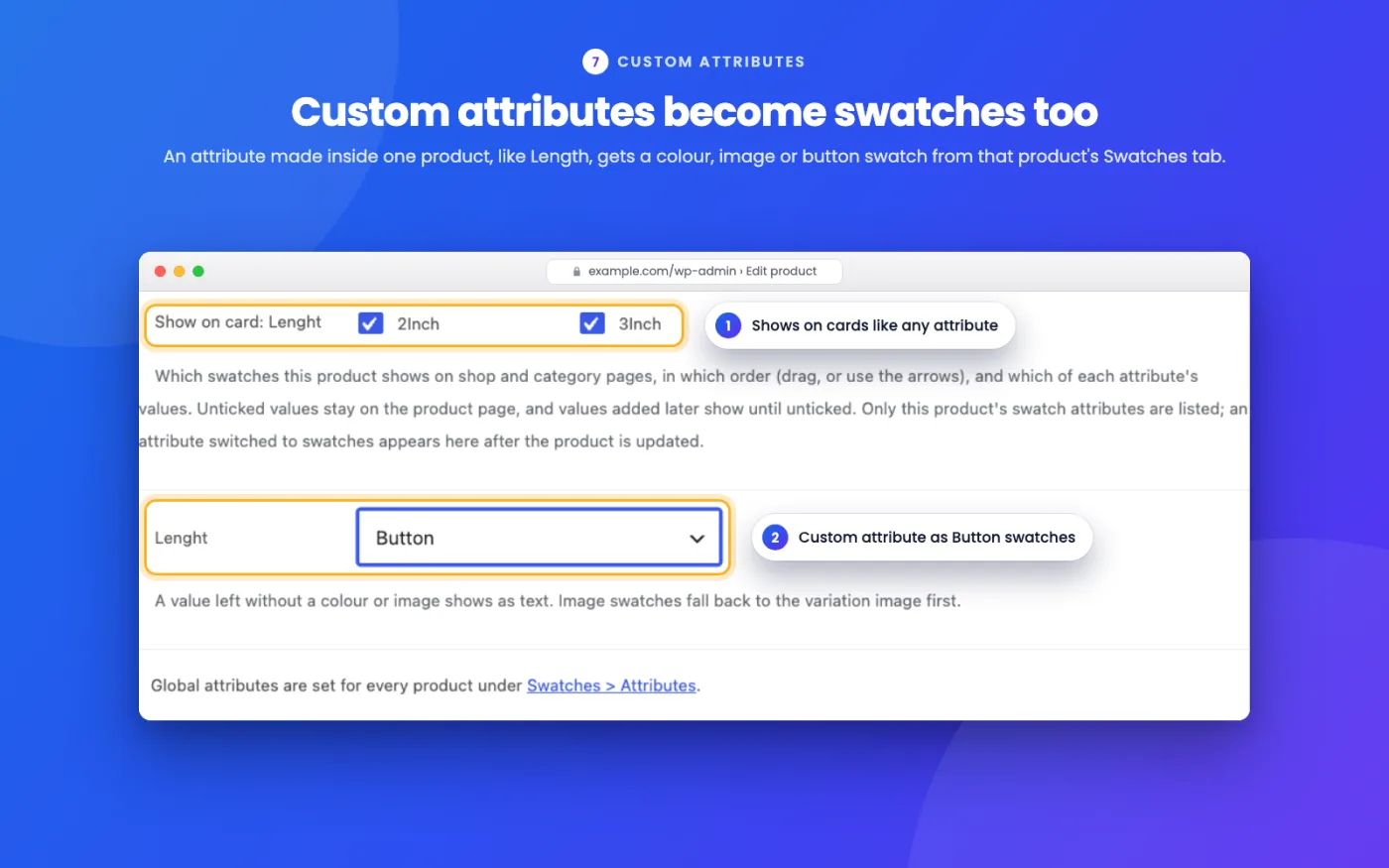 A custom attribute made inside a product, shown as button swatches.