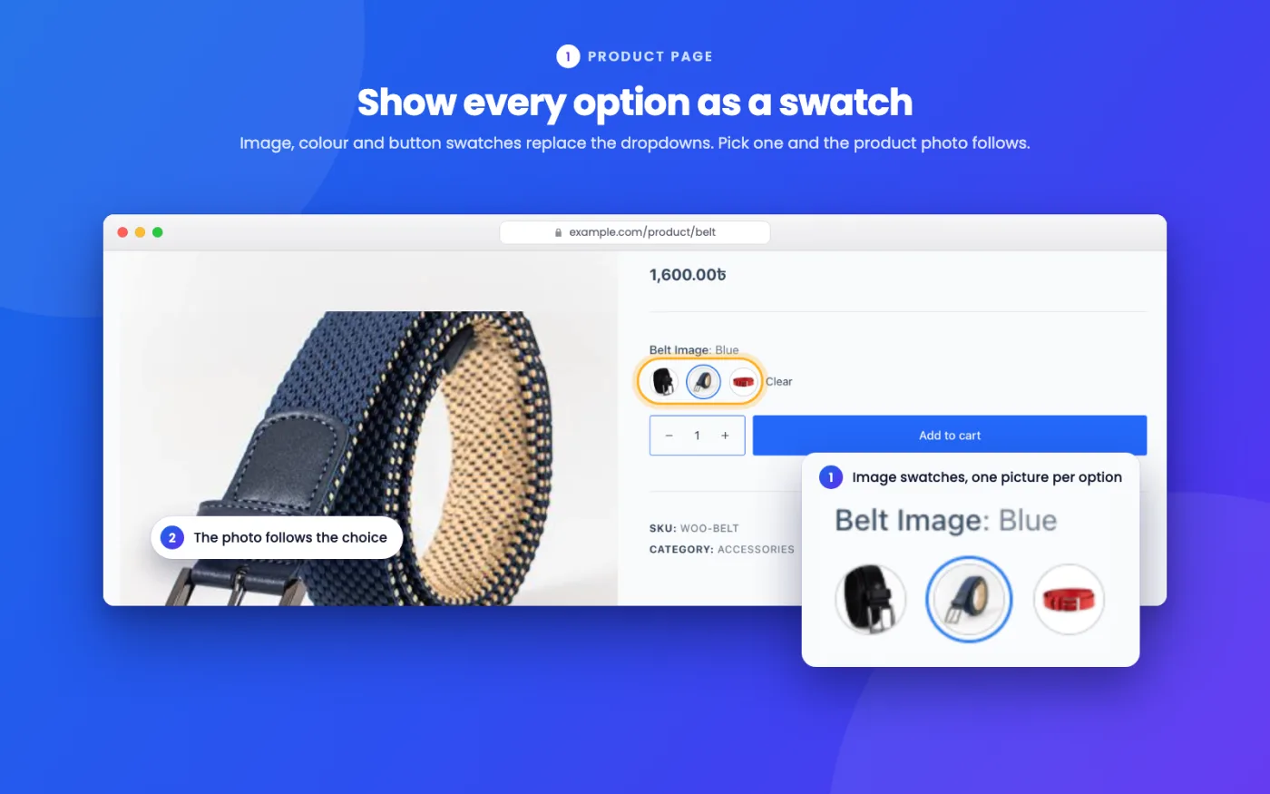 A WooCommerce product page with image swatches for a belt: the blue option is chosen and the product photo shows the blue belt.