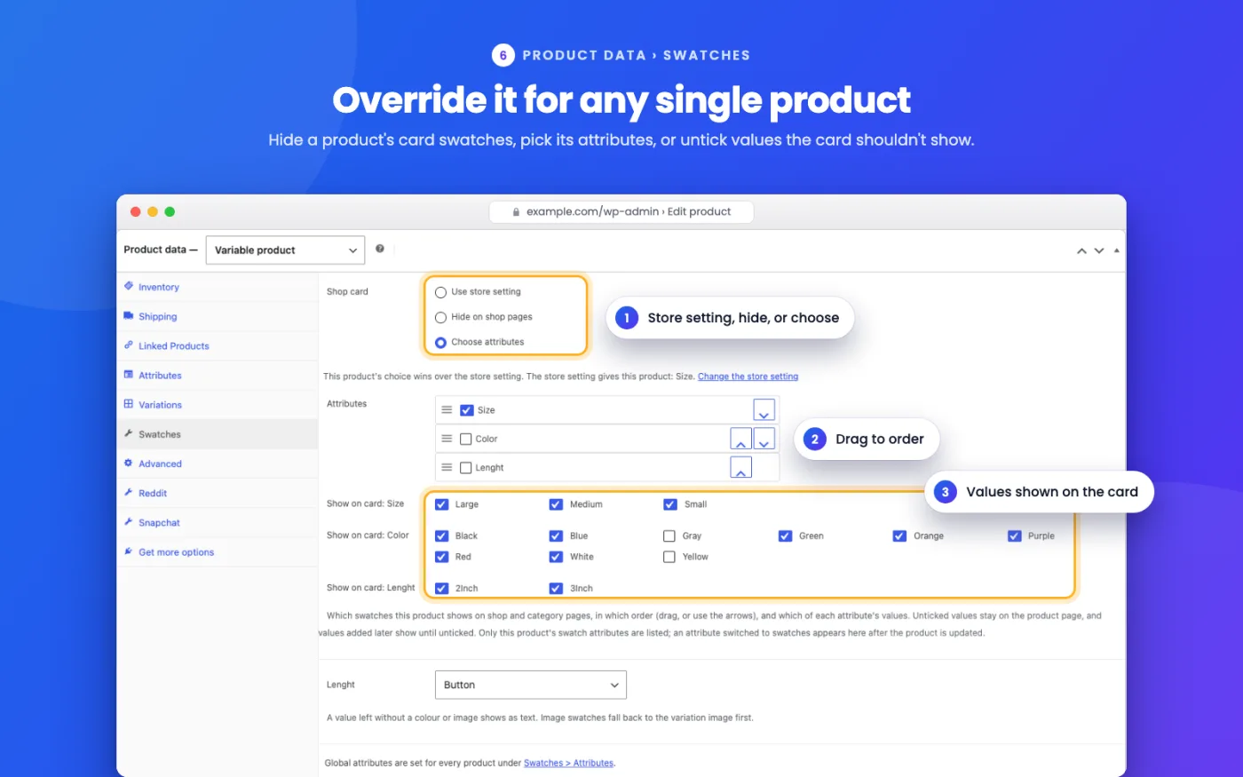 A product’s Swatches tab — hide its card swatches, choose its attributes, or untick values.