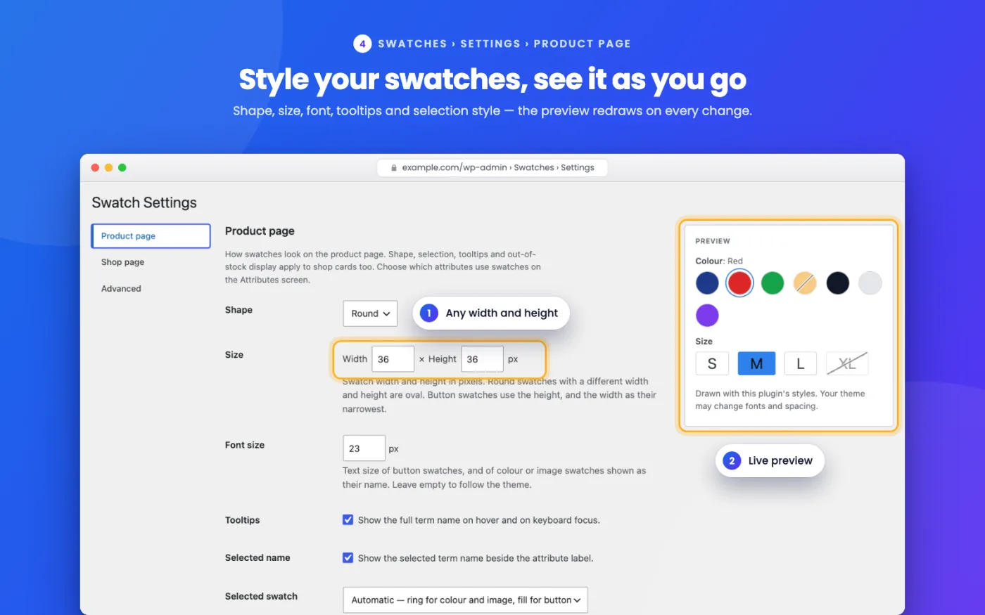 Swatches › Settings › Product page — shape, size, tooltips and selection style, with a live preview.