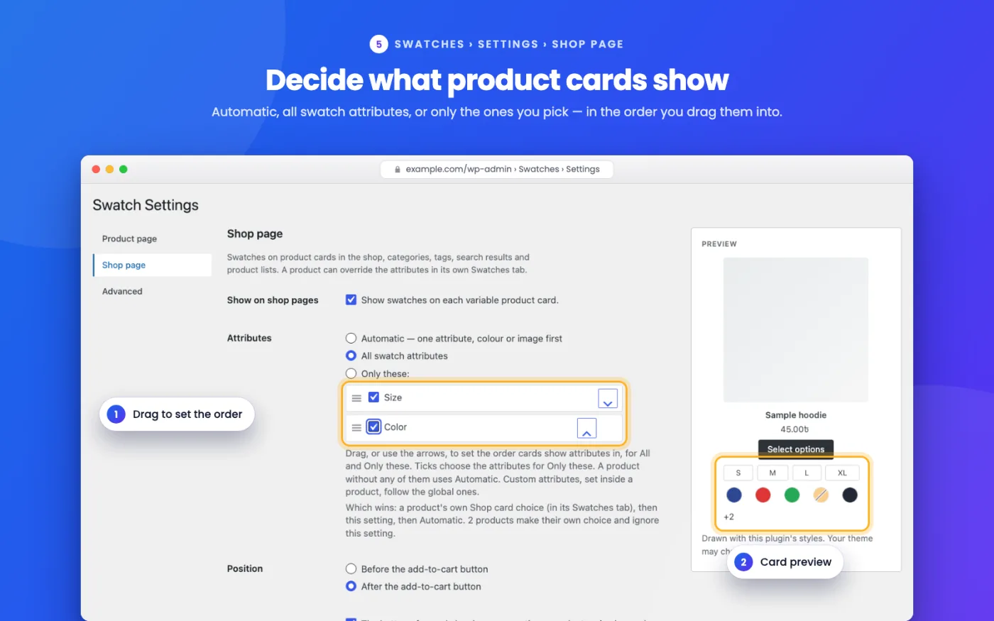 Swatches › Settings › Shop page — which attributes cards show, in the order you drag them into.