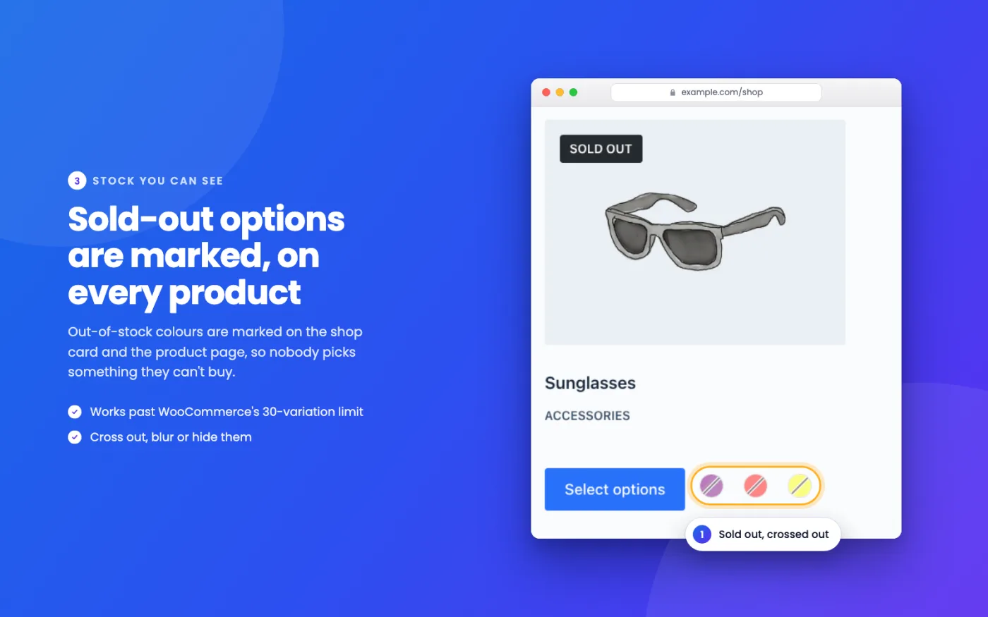 Sold-out options marked on shop cards, on products of any size.