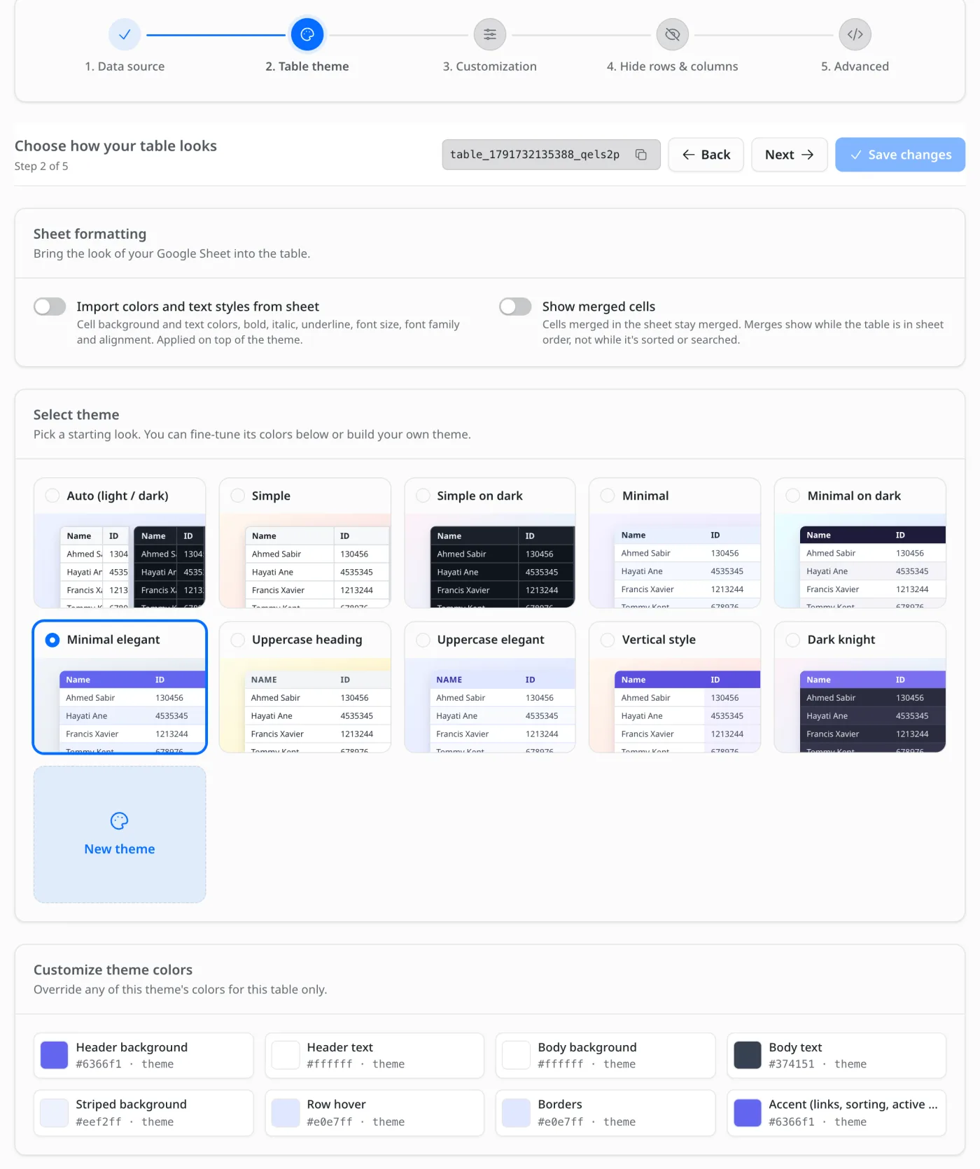 The Sheet Table builder in the EmDash admin on its Table theme step: a five-step progress bar, switches to import the sheet's colors and merged cells, and a gallery of ten table themes.